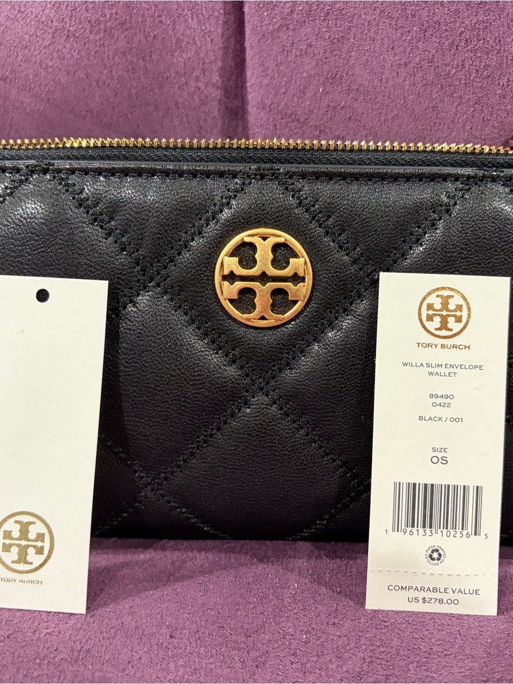 Tory Burch Black Quilted Slim Wallet with Gold Logo Accent